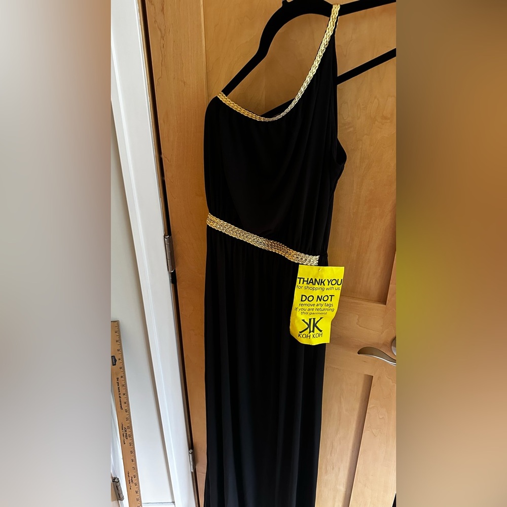 New Elegant Black and Gold One-Shoulder Grecian Dress Medium